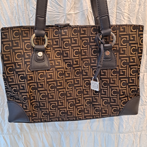 Liz Claiborne Vintage Cotton Canvas Fabric Tan Brown Monogram Shoulder Satchel - Picture 6 of 15